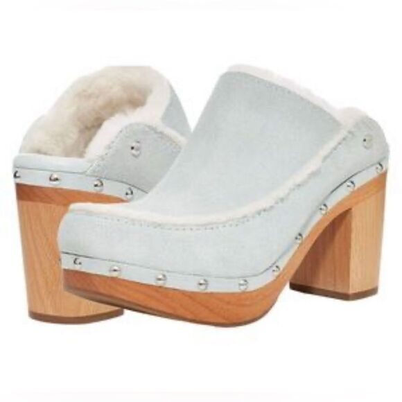 UGG Aubriana Platform Slip On Wooden Clog Heel in Sage mint green 9 - Picture 4 of 16